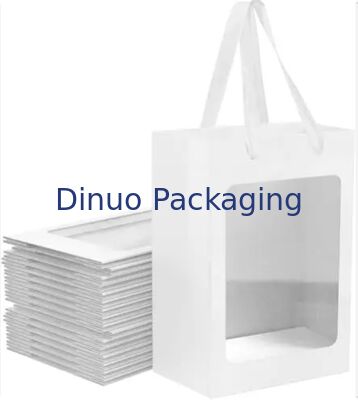 Herbruikbare Bruine / Witte / Zwarte Papieren Kraft Tassen met Venster en Lint Handvatten voor Cadeaus